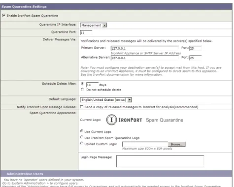 図 7-1 Cisco IronPort  スパム検疫設定の編集 ステップ 3 [Quarantine IP Interface]  セクションで、検疫に使用する適切な  IP  インターフェ イスとポートを、ドロップダウン リストから指定します。 デフォルトでは、検疫は管理インターフェイスとポート  6025  を使用します。 IP  インターフェイスは、着信メールをリッスンするように設定されている  Security  Management  アプライアンスのインターフェイスです。検疫ポートは、送信アプ