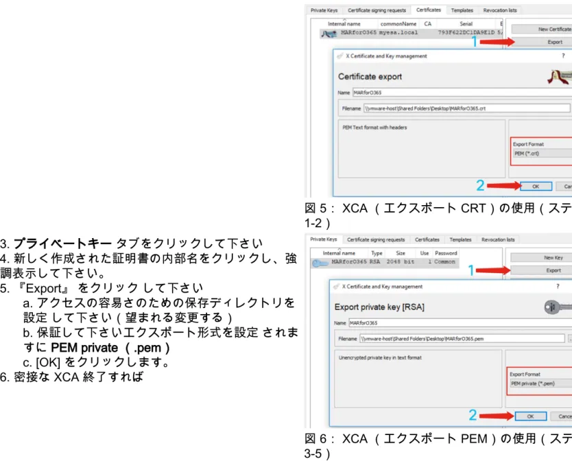 図 5： XCA （エクスポート CRT）の使用（ステップ 1-2） 3. プライベートキー タブをクリックして下さい 4. 新しく作成された証明書の内部名をクリックし、強 調表示して下さい。 5