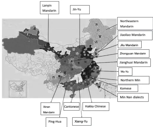 Figure 1.  The map of dialects of Mandarin Chinese, modified from a map on   http://www.sohu.com/a/232754336_431310