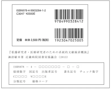 図 1 のうち、それぞれ上の行は図書館員なら知らない人のない、ISBN (International Standard Book Number=国際標準図書番号) です。日本では、1981 年から国際団体に加盟し、出版物への ISBN の記載