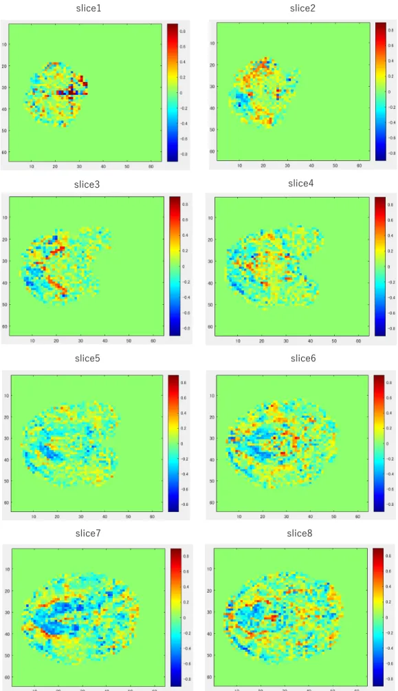 Figure  3 a. Correlation maps, slice  1  to 8. Color bars stand for correlation value, 08 to -0.8.