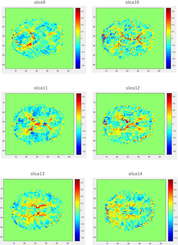 Figure  3 （b）Correlation maps, slice  9  to 14. Color bars stand for correlation value 0.8 to -0.8