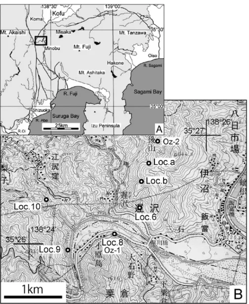 Fig. 1　Location map （A） showing our study area. Topographic map （B） showing the sampling points with thick  line circles