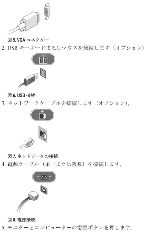 図 5. VGA コネクター 2. USB キーボードまたはマウスを接続します（オプション）。 図 6. USB 接続 3. ネットワークケーブルを接続します（オプション）。 図 7