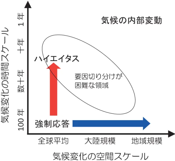 図 2 ： さまざまな時空間スケールでの気候の変化と変動。IPCCレポートが当初議論していたのは 100 年規模、全球規模の 強制応答だが、近年では地域規模へのダウンスケールが進んでいる（青矢印）。全球規模でも短い時間スケールに なるとハイエイタスのように内部変動の寄与が無視できなくなる（赤矢印）。強制応答と自然変動の切り分けが難 しい領域を楕円で示す。2015 年は全球平均気温が大きく記録を更新し、 2016 年も同程度になる見込みです（ 2016 年 11 月時点） 。エルニーニョの影響が消える2017