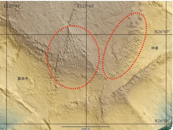 図 12   八重瀬岳・与座岳南斜面の 1948 年地形  N26°07’ N26°06’ E127°43’ E127°44’ 仲座真栄平図12　八重瀬岳・与座岳南斜面の1948年地形（1988）は後者の説を有力と考えている．　現在は，農地造成工事とゴルフ場造成により，こ れらの地形はほとんど残っていない．これらの地 形の成因の調査が困難になったことは残念である． 2 ．豊見城市・南風原町・旧大里村付近 　図 13 は豊見城市・南風原町・旧大里村付近を 1948 年地形の陰影彩色地形図ビューワーで表示し た
