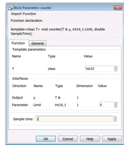 図 13: ソース ブロックのサンプル時間の設定 関数引数のポートの方向は、xmcImportFunction コマンドで自動的に決定されるか、ヘッダー ファイルの関数シ グネチャでプラグマを使用して手動で指定できます。 • 入力および出力ポートの自動決定: ○ 関数の return 値は、戻り値が void の場合を除き、常に出力として定義されます。 ○ const 修飾子で宣言される仮関数引数は、入力として定義されます。 ○ 参照、ポインター型、または const 修飾子のない配列型で宣言された引数は、