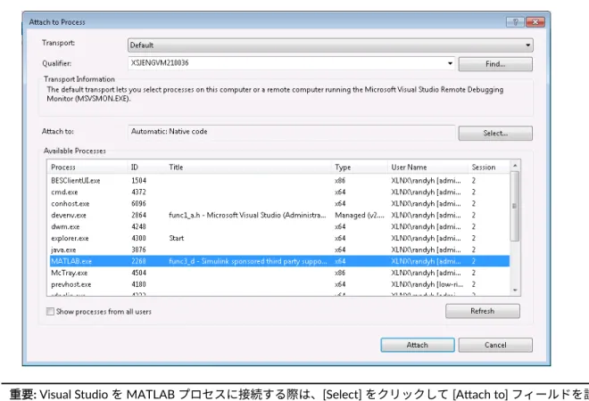 図 21: Visual Studio - プロセスの接続