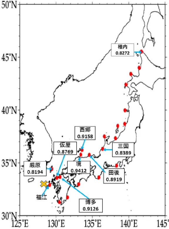 図 13  福江と日本海沿岸１年移動平均の同時相関 