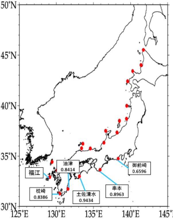 図 19  福江と太平洋沿岸 5 年移動平均の同時相関 