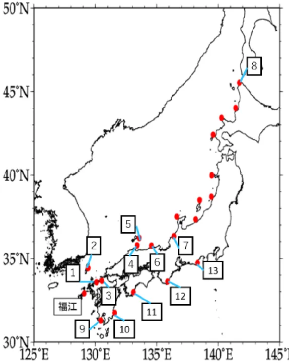 図 20  福江と日本沿岸５年移動平均のラグ相関 