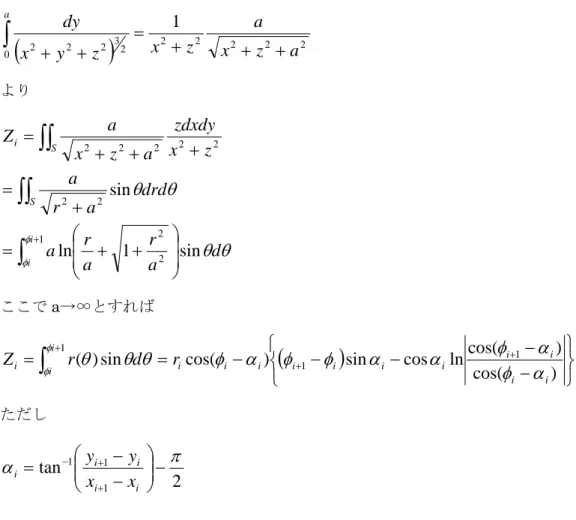 図 8.21 より幾何学関係は  )cos(/)cos( )cos()cos()cos(111 iiii iiiiiiiirrrrrpαθαφαθαφαφ−−=−=−=−=+++ 断面線から端の長さが a である有限 2 次元モデルの計算式について考慮する。  ( ) 2 2 2 2 20322221azxazzxyxady++++=∫+ より θθθθφ φ d araar drdara zx zdxdyazxZaiiSiSsin1lnsin12222 22222∫∫∫∫∫+ ++==++
