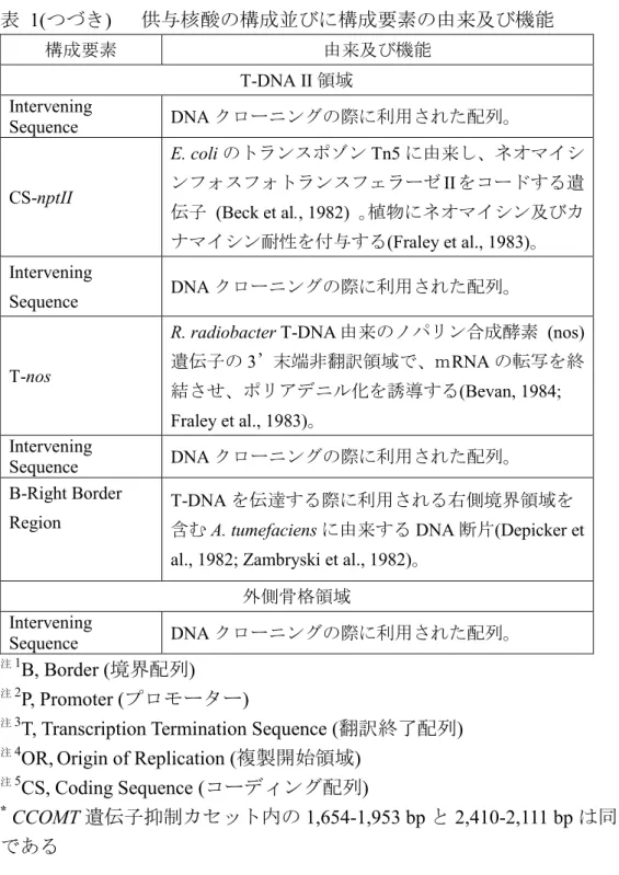 表   1(つづき)    供与核酸の構成並びに構成要素の由来及び機能  構成要素  由来及び機能  T-DNA II 領域  Intervening  Sequence  DNA クローニングの際に利用された配列。  CS-nptII  E