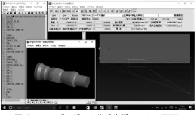 図 2  ＮＣプログラム作成支援ソフトの画面  6．技術者としてできること 単に計算を行わせるだけでなく、コストダウン（原 価低減）のために技術者としてできることを考えさ せる。 設計段階では、材料のサイ ズ、材質など。 生産技術段階では、効率的な工程 設計など。 生産 現場段階では、効率的な加工プログラムなど。 7．ＮＣ旋盤実習の概要   本校機械工学科 2 年生で 2 時間× 6 週、 1 グルー プ約 10 人を 1 人で担当している。 1 ～ 3 週目でプロ グラミングし、 4 、 5 週目で、完成