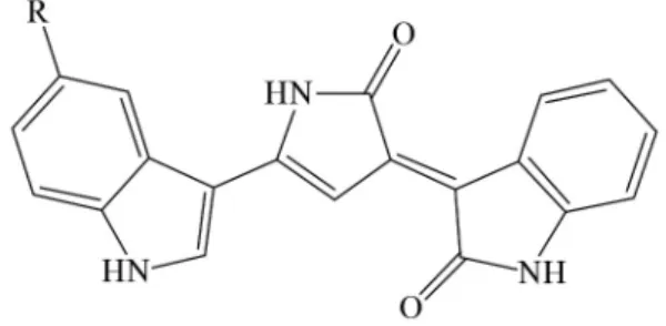 Fig.  1.  Chemical  structures  of  violacein(R＝OH)and  deoxyviolacein(R＝H).