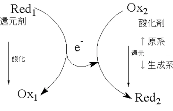 図 II.4: 酸化・還元反応のダイヤグラム Red 1 → Ox 1 + e − Ox 2 + e − → Red 2 となる。このそれぞれを「 Ox 1 /Red 1 系」 「 Ox 2 /Red 2 系」 10 とかく ( もちろん実際の物質を代入し て書くんだよ ) 酸化・還元反応は相手次第だから、酸化になるか還元になるか分からない。 だから、 半反応は還元反応の方向でかく! 。 例 ) Zn 2+ + 2e − −→ Zn · · · Zn 2+ /Zn 系 II.2.3 酸化・還元電位 (標準電