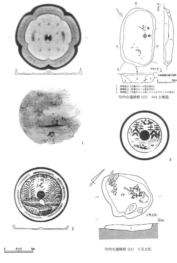図 4 　1 瑞花双鳳五花鏡 ( 第 27 次 ) 12c  2 水草双雀鏡 ( 第 21 次 )12c  3 俵藤太鏡 ( 第 13 次 )15c      印内台遺跡群 ( 船橋市印内台 / 船橋市二和東 5-32-17)