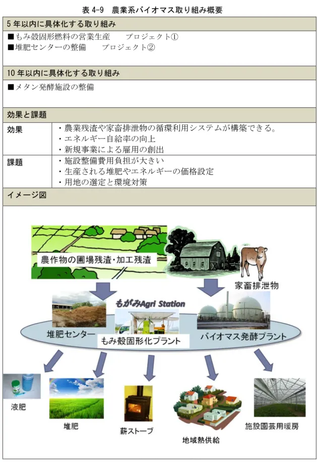 表 4-9  農業系バイオマス取り組み概要  5 年以内に具体化する取り組み  ■もみ殻固形燃料の営業生産    プロジェクト① ■堆肥センターの整備    プロジェクト ② 10 年以内に具体化する取り組み  ■メタン発酵施設の整備  効果と課題  効果  ・農業残渣や家畜排泄物の循環利用システムが構築できる。  ・エネルギー自給率の向上  ・新規事業による雇用の創出  課題  ・施設整備費用負担が大きい  ・生産される堆肥やエネルギーの価格設定  ・用地の選定と環境対策  イメージ図      地域熱供