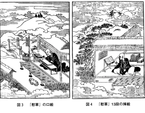 図 3 『 慰 草 J の口絵 図 4 『 慰 草j 1 3 段の挿絵 います。 『 西鶴俗つれづれ』の出版 者はその絵を借りて、裏返しにした 物をほとんどそのまま 写 しているの です。ただし兼好法師と西鶴との違 いがすぐ読者にわかるように、庵に 座っている人物の前に広がる景色を 大きく替えたのです 。京都周辺の山 に鐘もった兼好法師と違い、その絵 の中の西鶴は芦 の茂った、船の帆や 人家が見える難波の浦、すなわち新 興都市大阪を象徴する風景を見下ろ しているのです。 版元が書いたこの 図 5 『 慰 草