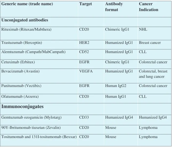 Table 4: Therapeutic monoclonal antibodies approved for use in oncology. 