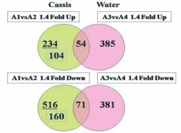 Fig. 2. Number  of  genes  expressed  differentially  in  cassis  and  water  groups  (Venn diagram).