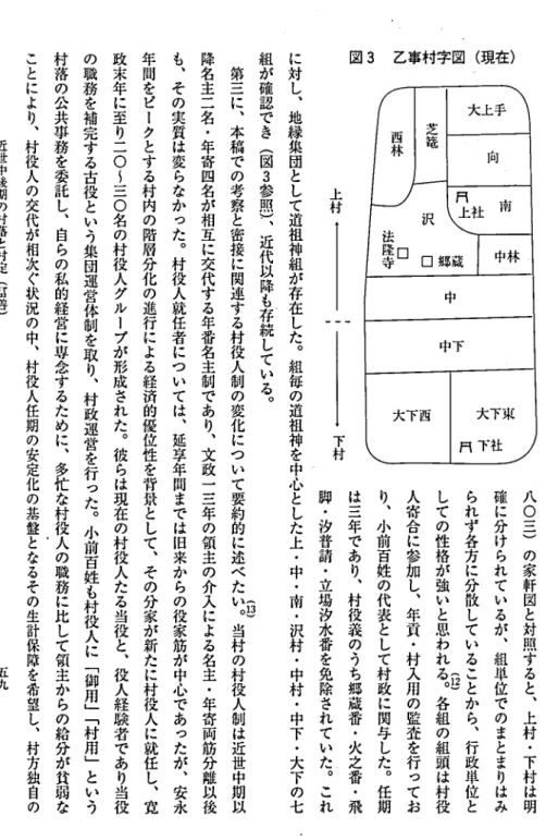 図 3 乙事村字図 ( 現在) 下 村 八 〇 三 ) の 家 軒 図 と 対 照 す る と ､ 上 村 ･ 下 村 は 明確に分けられているが､組単位でのまとまりはみられず各方に分散していることから､行政単位と(12)しての性格が強いと思われる｡各組の組頭は村役人寄合に参加し､年貢･村入用の監査を行っており､小前百姓の代表として村政に関与した｡任期は三年であり'相投義のうち郷蔵番･火之番･飛脚･汐普請･立場汐水番を免除されていた｡これに対し'地縁集団として道祖神組が存在した｡組毎の道祖神を中心とした上･
