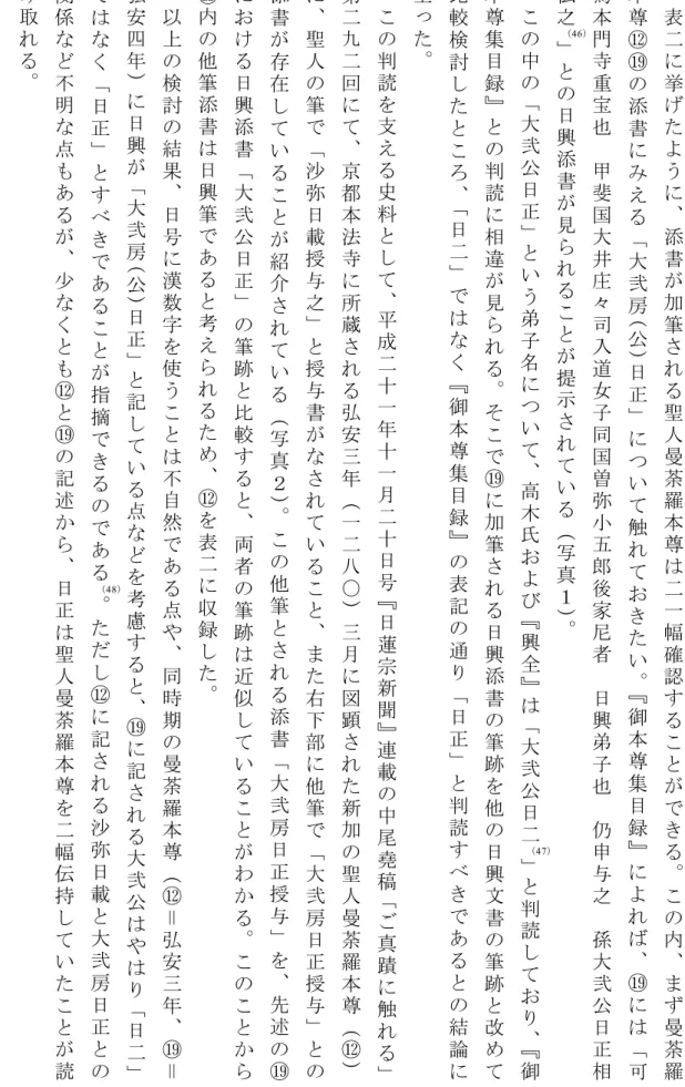 表 二 に 挙 げ た よ う に 、 添 書 が 加 筆 さ れ る 聖 人 曼 荼 羅 本 尊 は 二 一 幅 確 認 す る こ と が で き る 。 こ の 内 、 ま ず 曼 荼 羅本尊⑫⑲の添書にみえる「大弐房(公)日正」について触れておきたい。『御本尊集目録』によれば、⑲には「 可為本門寺重宝也甲斐国大井庄々司入道女子同国曽弥小五郎後家尼者日興弟子也仍申与之孫大弐公日正相伝之」との日興添書が見られることが提示されている（写真１）。(46)この中の「大弐公日正」という弟子名について、高木氏およ