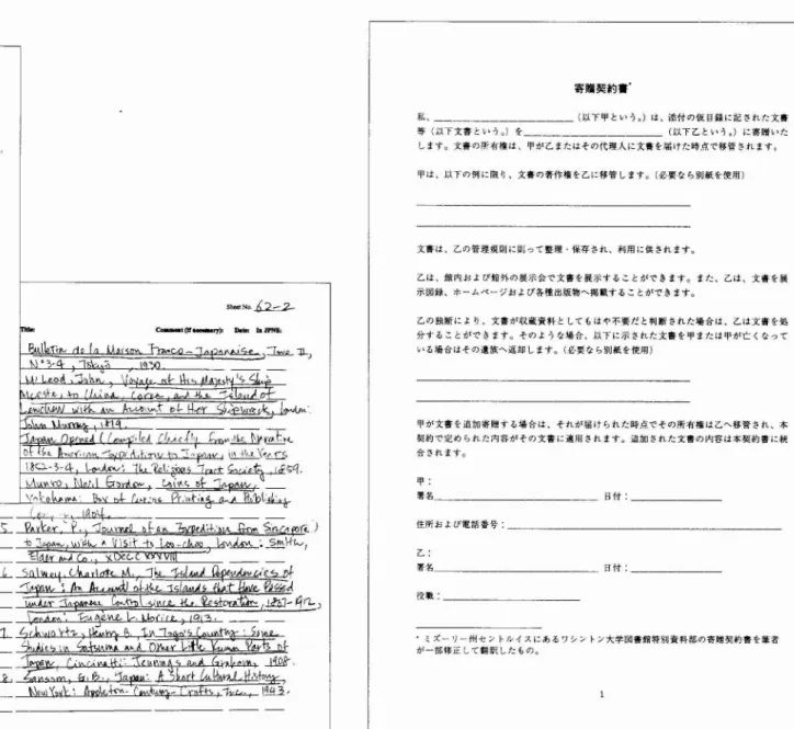 図 3: ｢ 予備調査票 ｣ 図 4 :寄贈契約書 ( 例) 寄増契約書' 私､̲̲‑ ̲ ̲̲̲̲̲̲̲̲̲̲ ( 以下 甲 とい うD)は､添付 の仮 目録 に記 された文書 等 ( 以下文書 とい う｡) 杏‑̲〜 ̲ー̲ー̲̲̲‑ ̲̲ ( 以下 乙 とい うO) に寄贈 いた しますQ文書の所有権 は､甲が乙 またはその代理人 に文書 を届 けた時点 で移管 され ます｡ 甲は､以下の例 に限 り､文書 の著作権 を乙 に移管 しますo ( 必要 な ら別紙 を使用) 文書 は､乙の管理規則 に則