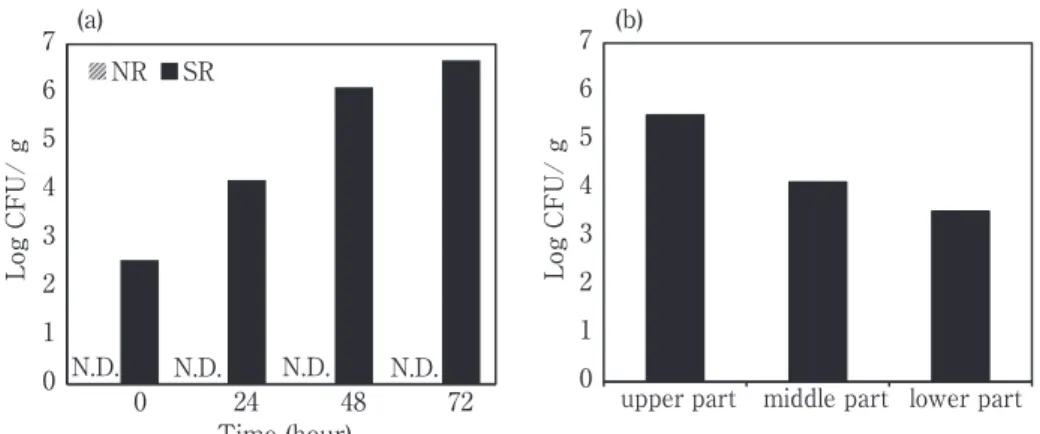 Fig． １ Comparison of the number of cells during heat insulating（a）and distribution of contaminated bacteria in the cooked rice（b）