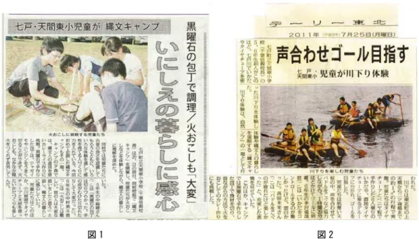 図 1  図 2    7. 現在抱え いる問題や課題  先般 東日本大震災 直接 支援 学校 丸 地域特産品 生産 被災 子 い いう想い 間 行動 被災地域 子 交流 子 士 交流 深 い い 直接 被害 地域 人 蚊帳 备 いう感 見 防災 対 意識 薄い 思わ 子 自 思い い 縄文学習 少 理解 普段 生活 以前 物 対 少 う 少 身 い い いえ 時間的 制限 十 活動 い 実 生 子 育 目指 実践 い い Ｖ 8