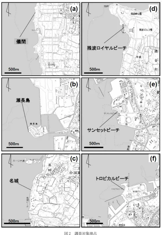 図 2  調査対象地点      (a)～(c)；自然海浜，(d)～(f)；人工海浜（国土地理院発行 1:25,000 地形図「残波岬」 ， 「高志保」 ， 「沖縄市南部」 ， 「大謝名」 ， 「那覇」 ， 「糸満」を用いて作成） ． 表 1  聞取り調査結果  造  成 （開設時期） 残波ロイヤルビーチ 1989年 有り 毎年1回 残波ロイヤルビーチ管理組合 サンセットビーチ 1989年 有り 毎年3回 サンセットビーチ管理事務所・北谷町役場 トロピカルビーチ 1993年 無し 開設時のみ 宜野湾市公共施