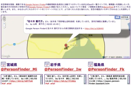 図 3.2 Google Person Finder Bot 全員と知り合いだったメンバーはひとりしかいなかった。また、プロジェクト終 了後にもお互いを認識せずに終わったメンバー同士もいた。ここではプロジェク ト以前に全員と知り合いだったそのメンバーをメンバー A と呼ぶ。このプロジェ クトではメンバー A がそれぞれのメンバーのタスク管理や情報共有のハブとなっ ていた。その方法はメンバー A の経験則によるものであった。また、メンバー全 員がプロジェクトの全容を把握していたわけではなく、その程度はメンバー