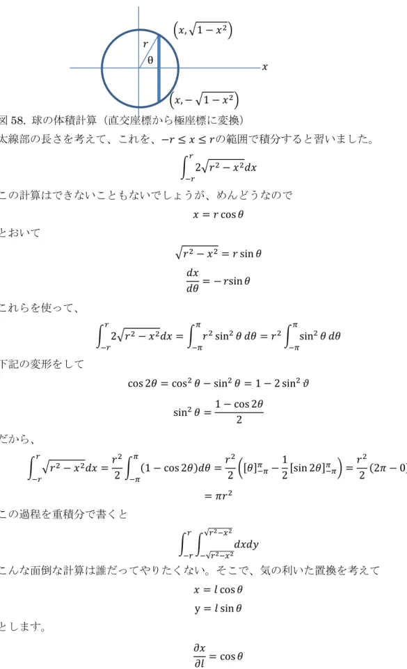 図 58.  球の体積計算（直交座標から極座標に変換）  太線部の長さを考えて、これを、 −