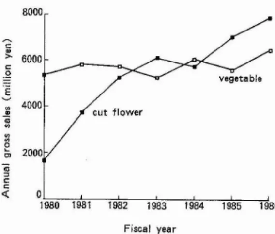図 1.沖縄県産の野菜 と切 L J花の県外出荷額 うに年々増加 している.それに伴 って航空輸送 量 も図 2 に示すように増加 してきた.中で も切 花の出荷量の伸びは目覚ましく ,1 9 80 年頃か ら 出荷の最盛期の 3 月には定期便の搭載能力を上 回る事態が生 じてきた.そこで,航空会社 は出 荷の最盛期の 3 月には観光キャンペー ンを繰 り 広げて,増便 と使用機材の大型化に努めたが, 定期便の荷物輸送能力には限界があった.そこ で,荷主である沖縄県経済連 と沖縄県花 き園芸 農協 は,それ