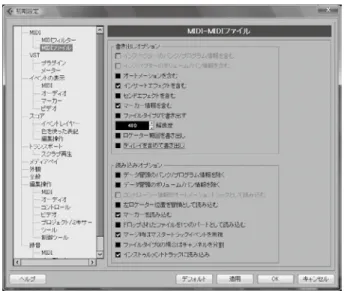 図 12 ４   下側の「読み込みオプション」の中の 「ファイルタイプ０の場合はチャンネル を分割」にチェックを入れて「OK」を クリックします （図13） 。 　この設定によりSMFフォーマット０を読み込むと自動的にチャンネル（パート） が分割された状態で表示されます。 作成した曲をオーディオ化する方法 　Cubaseシリーズと外部MIDI音源で作成した曲は、そのままではオーディオCD などに焼くことはできません。一度、MIDI音源からオーディオデータとして取り 込んだ後に、「オーディオミックスダウン」を
