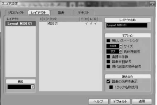 図 121 ２  「プロジェクト」をクリックします （図 122） 。 ３  「ページ」のメニューから「スコア情報 をMIDIに適（用）」をクリックします （図 123） 。 　   　右側に記号の一覧が表示され、記号 に対応する「長さ」や「Vel（ベロシティ） が表示されます。 　   　例えばすでに入力したスタッカート は、長さが50%に変更され、ベロシティ は100％でそのまま、ということになり ます。 　   　下にスクロールするとメゾ・ピアノ やフォルティッシモなどもあるので確 認してみましょう 