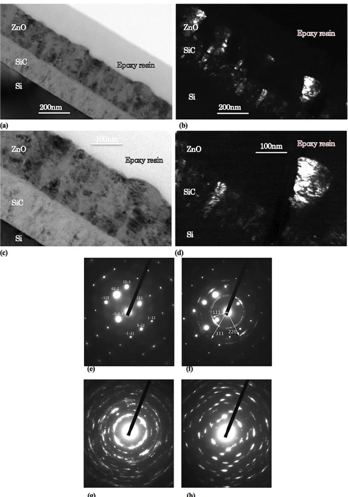 Fig. 4 　 Cross-sectional TEM images of ZnO films grown on Si (111) with 3C-SiC [10min] buffer layer, (a) and (c) bright field (BF) image,  (b) and (d) dark field (DF) image generated from ZnO (002) spot in the selected area electron diffraction (SAED) patt