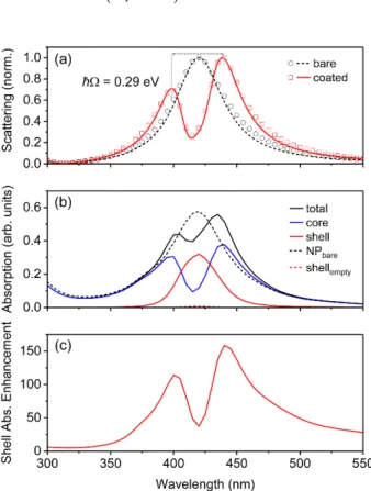 Figure 2c), which is a measure of the usefulness of employing plasmonic nanostructures for  improving absorption within a dye or conjugated polymer shell, also showed the same spectral  features as the scattering and core absorption