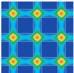 Figure 7: 正方格子金属導波管ネットワークの最 低フォトニック・バンド (Γ 点) に対して計算され た状態。破線は、導波管の境界線。  0.36 0.37 0.38 0.39  0