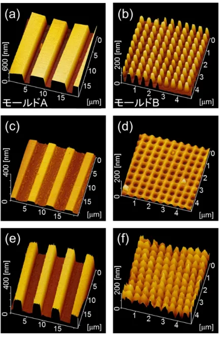 図 2:  原子間力顕微鏡により観察した表面形状    (a)  モールド A：マイクロサイズのパターン（周期 6 m の 1 次元格子構造）  (b)  モールド B：ナノサイズのパターン（周期 500 nm の 2 次元格子構造）  (c)  モールド A により電圧印加インプリントしたガラス表面  (d)  モールド B により電圧印加インプリントしたガラス表面  (e) (c)をコロナ放電堆積したガラス表面  (f) (d)をコロナ放電堆積したガラス表面 