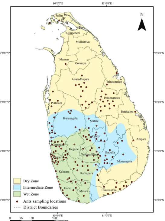 Figure 2. Map of Sri Lanka with ant sampling localities in different zones.