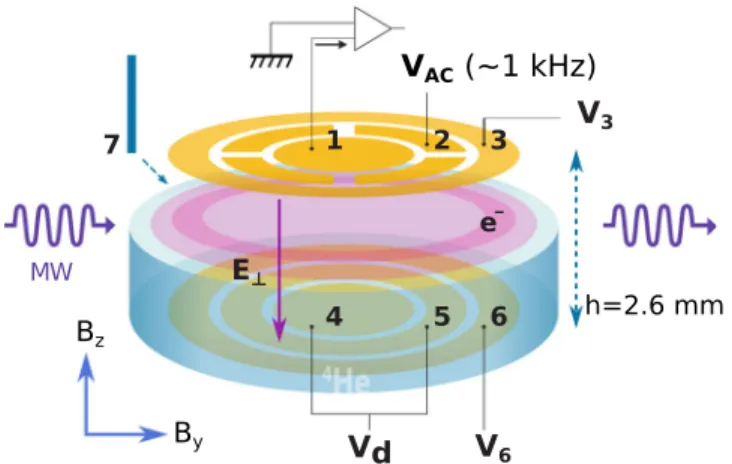 FIG. 1. Schematic diagram of the experimental cell. The top electrodes 1 and 2 are dc grounded and are used for the ac measurements