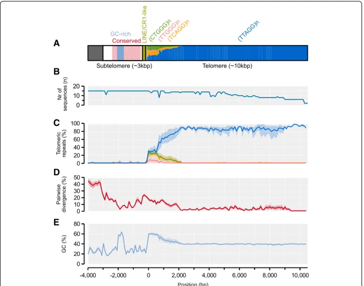 Fig. 6 Model and properties of distal telomeres. a A model of the subtelomeric and telomeric regions as inferred from alignment and sequence analysis of the distal ends of 14 chromosomes (two telomere sequences from chromosome 1)