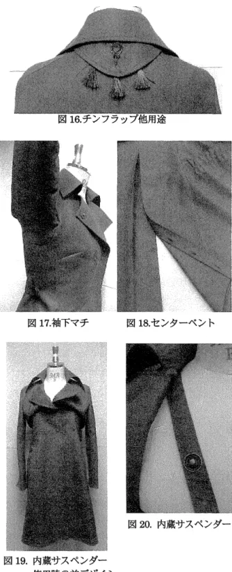 図 1 7 . 袖下マチ 図 1 9 . 肉親サスペンダー 使用持の前デザイン 1 0 . まとめ 図 1 8 . センターベント図20 .内蔵サスペンダー 本研究は、 ドイツ軍の軍服デザインを現代のレ ディスウェアに落とし込むことを目的として、考 察し、制作を行った。衣服として最も運動機能性 を追求し、現在の衣服の原点であるミリタリーウ ェアを研究することにより、回、時代ごとに設定された階級や兵科による動作の違いが衣服の機能 やデザインにまで反映されていたことがわかった。そこから、力強さや男性らしさといっ