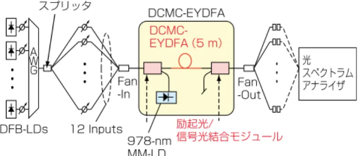 図 12 に試作したダブルクラッド型マルチコア Er/Yb 添 加 フ ァ イ バ（Double-Cladding Multi-Core  Er/Yb-Doped Fiber， DCMC-EYDF）の断面図を示す．12 個の Er/Yb 添加コアは，コア間隔 37.2 µm で六角形状に配 置されている．第一クラッド，第二クラッドおよび被覆 の直径は，214 µm，  284 µm，356 µm であった．図 13 に信号波長帯での吸収特性を示す．Yb を共添加すること により Er の高濃度添加が可能とな