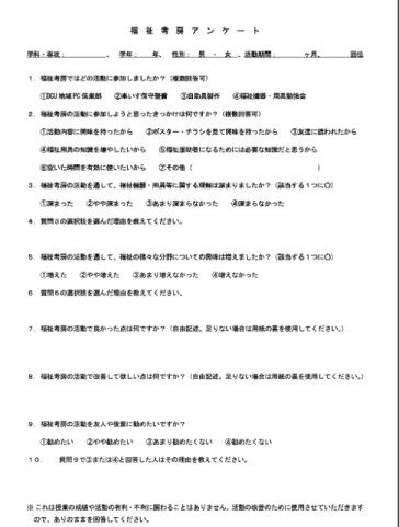 図 14　アンケート用紙  　介護福祉専攻の学生は活動者がいない。活動希望調査でも他の学科・専攻に比較すると希望者が少なかった。介護者の負担を軽減するためには、介護技術の習得とともに福祉用具の上手な活用は欠かせない。この点を学生に伝え、 活動者が増えるよう今後の活動、呼びかけを考えていく必要がある。Ⅳ　福祉考房の評価アンケート１．方法　福祉考房の活動内容に対する評価および今後の活動に望むことを参加者から得るため、活動経験者に図 14 のようなアンケート用紙にて、調査を行った。　調査期間は、2008 年 10
