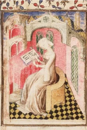 fig. 3. Christine de Pizan nel suo studio, 1404 (Hague, Koninklijke Bibliotheek, MS  78D42, 1r)