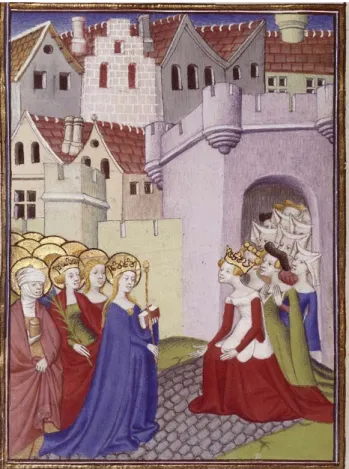 fig. 11. Giustizia e Christine accolgono la Vergine e le sante nella città delle dame,  ca.1405 (Parigi, BNF, ms