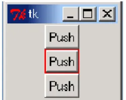図 11 に default オプションの 3 つの指定に伴うボタンの見え方の違いを示す。文献 [12] によると ’normal’ と ’disabled’ は異なっていてもよいと書いてあるが、実際には違いは 見つからない。ボタンでは入力フォーカスがあっても強調枠の色は変化せず、その代わり入 力フォーカスの存在が破線で示される。 図 11: ボタンの強調枠 これを生成したプログラムコードを次に示す。