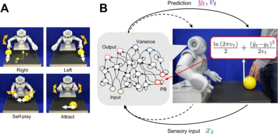 Figure 2. Ball interaction tasks in the training and adaptation phases. A) Four interactive behav- behav-ioral patterns learned by a robot controled by an S-CTRNN with PB